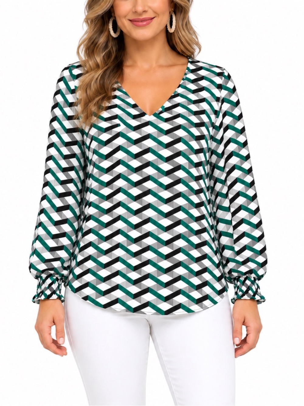 Worthington Women’s Geometric Print V-Neck Blouse- Medium